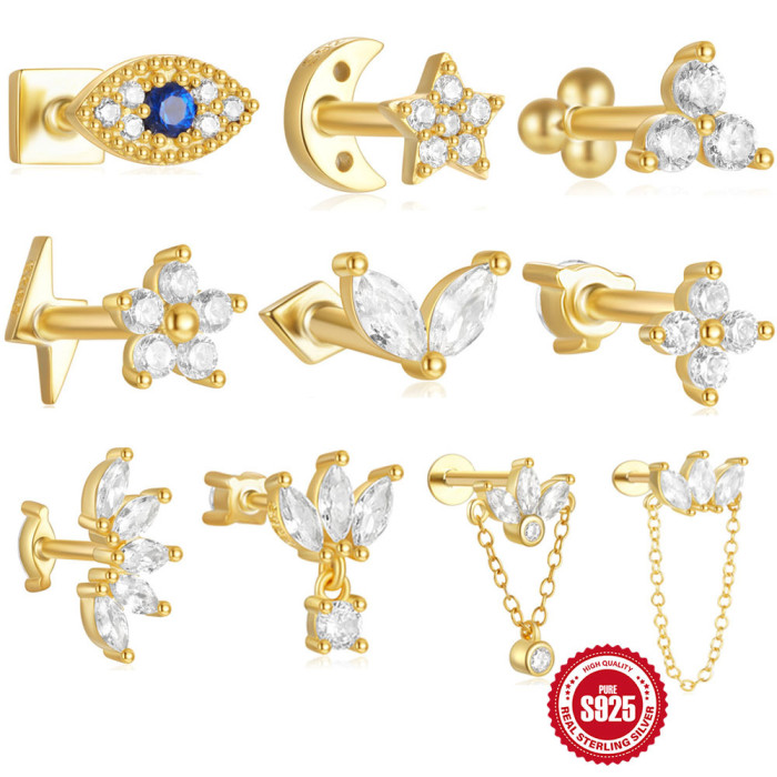 S925 Sterling Silver Horse Eye Inlaid Diamond Crown Double-Sided Wearable Soft Bone Thread Piercing Ear Bone Stud European and American New Style Earrings for Women
