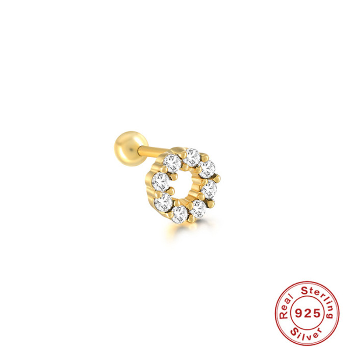 S925 Sterling Silver Single Ear Bone Stud Earrings European and American Hot Selling Micro Inlaid O-shaped Round Threaded Ear Piercing Earrings