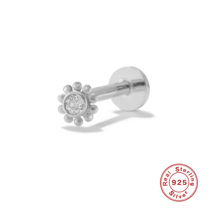 New S925 Sterling Silver Flower Inlaid Diamond Flat Head Threaded Piercing Cartilage Earrings Ins Creative Body Piercing Jewelry