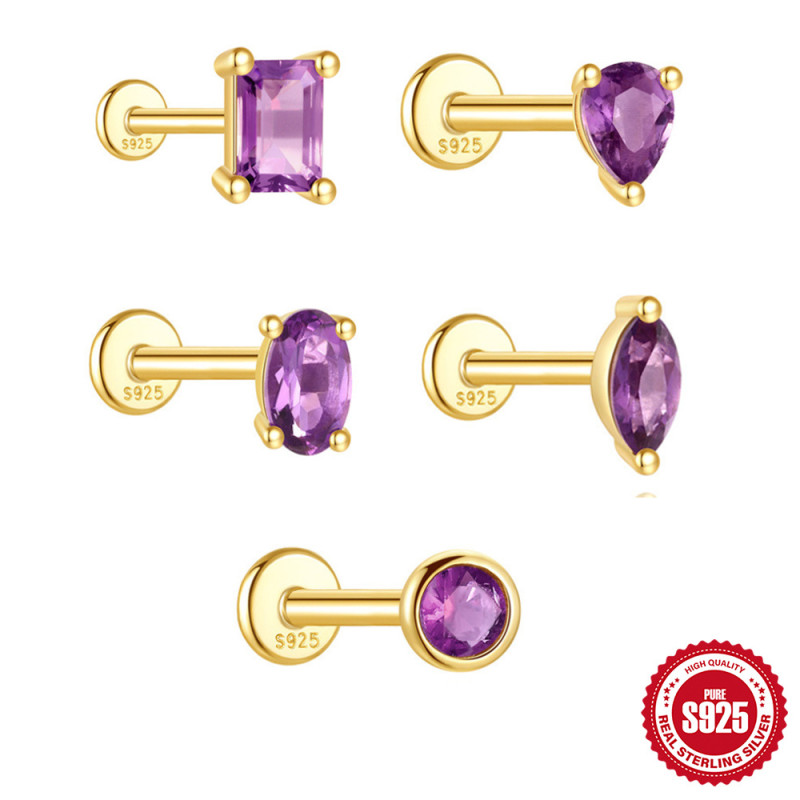 S925 Sterling Silver Geometric Inlaid Diamond Natural Amethyst Flat Head Threaded Piercing Ear Bone Stud New Hot Selling Light Luxury Earrings