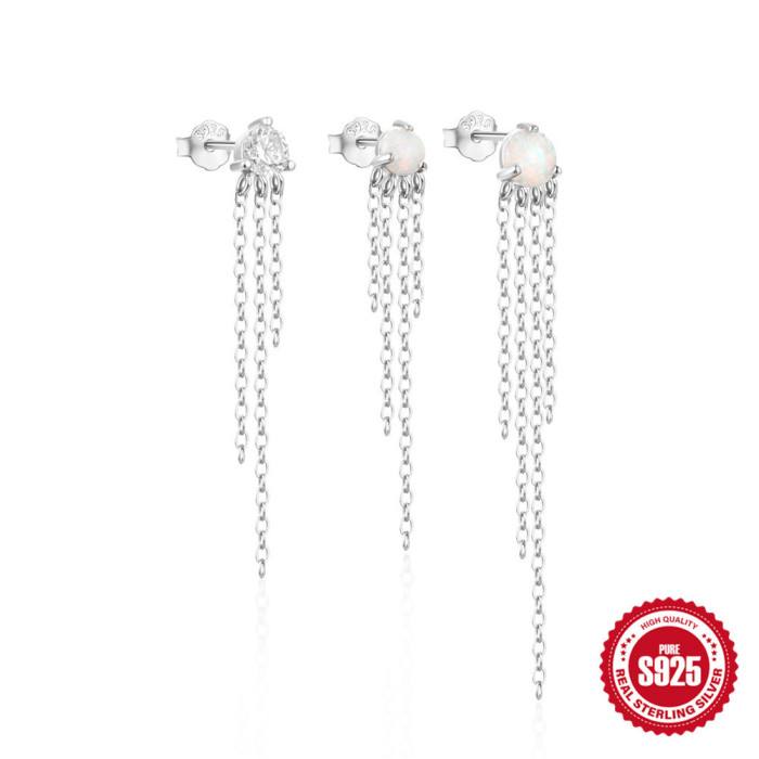 New S925 Sterling Silver Opal Tassel Chain Earrings Set Korean Style Elegant Niche High-end Earrings