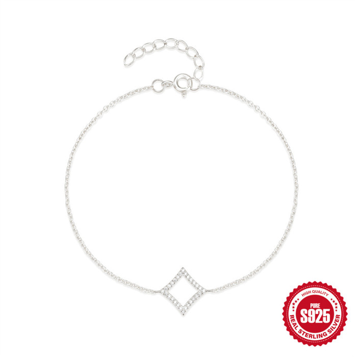 S925 Sterling Silver Trendy Creative Full Diamond Geometric Rhombus Bracelet for Women European and American Fashion Elegant Versatile Simple Jewelry