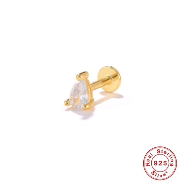 S925 Sterling Silver Water Drop Diamond-Studded Piercing Stud Earrings European and American Simple INS Flat Head Threaded Piercing Cartilage Stud Earrings