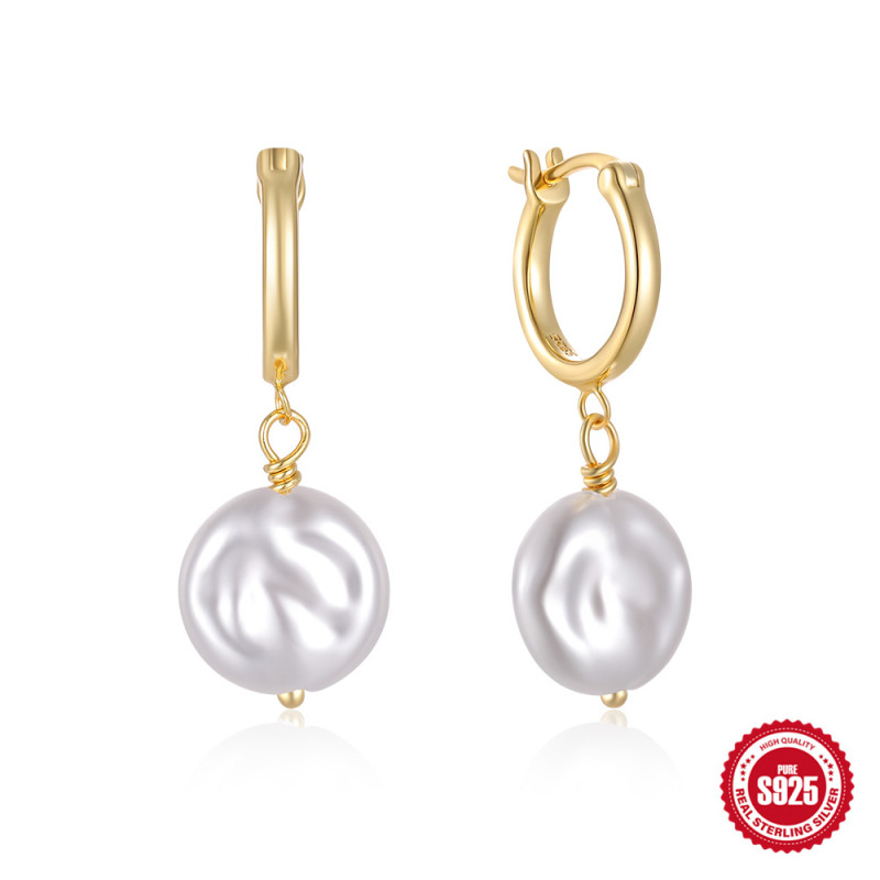 S925 Sterling Silver Baroque Irregular Pearl Earrings Hoop European and American Fashion Classic Ins Style Pearl Ear Clips Ear Jewelry