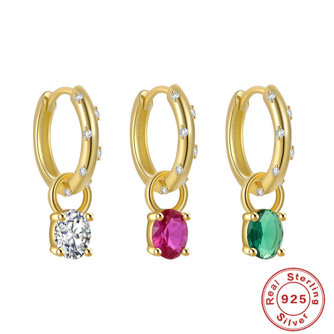 S925 Sterling Silver Colored Diamond Egg-shaped Earrings Hoop Earrings Ear Cuffs Earrings European and American Cross-border Hot-selling Light Luxury Classic Hoop Earrings