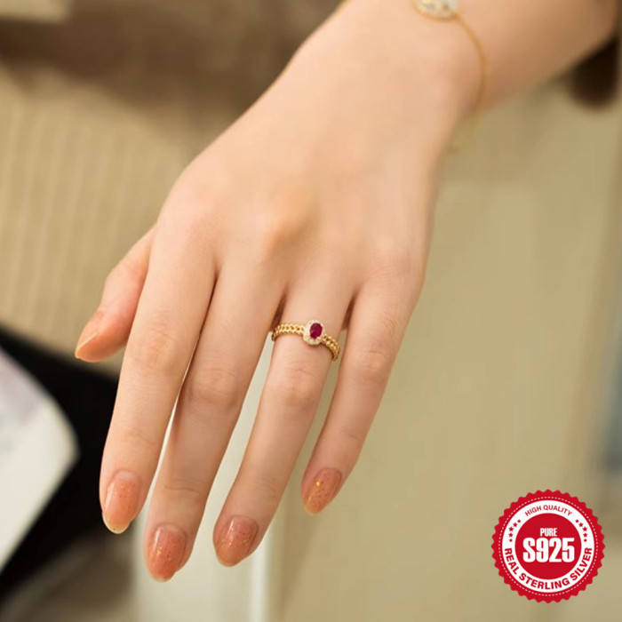 S925 Sterling Silver Elegant Ruby Stone Ring Retro Graceful Wedding Light Luxury Round Gold Plated Open Ring