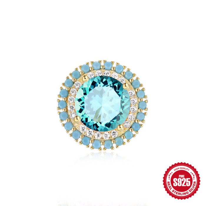 S925 Sterling Silver Round Inlaid Diamond Turquoise Earrings Ear Studs European and American Fashion Light Luxury Ins Style Pure Silver Ear Jewelry Earrings