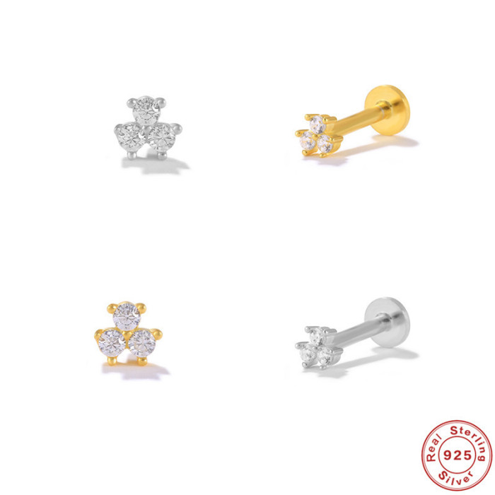 European and American Bestselling S925 Sterling Silver Three-Piece Diamond Piercing Earrings Creative Flat Head Threaded Piercing Cartilage Studs