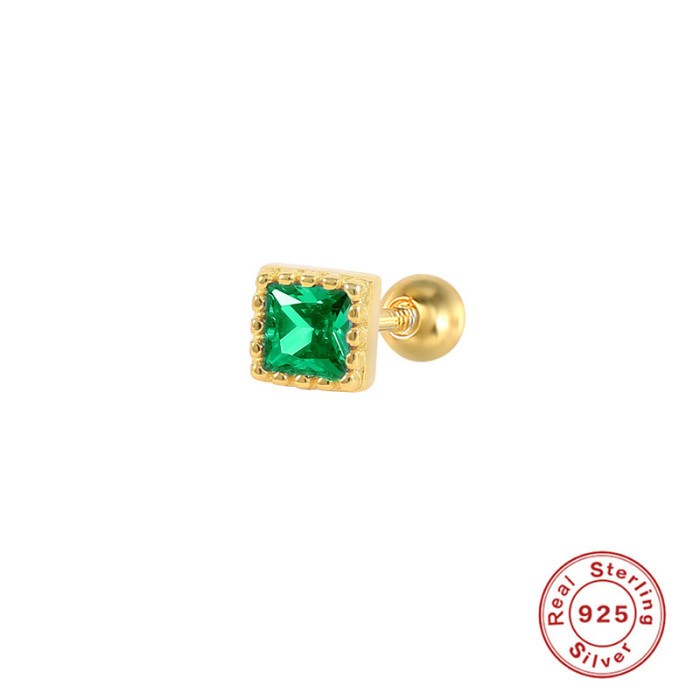 S925 Sterling Silver Single Square Threaded Earrings Cross-Border Trendy Personality New Vintage Small Piercing Earrings Jewelry
