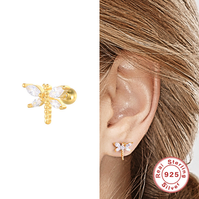 S925 Sterling Silver Geometric Dragonfly Zircon Spiral Cartilage Stud Piercing Ear Cuff Earrings European and American Hot Selling Creative Earrings for Women