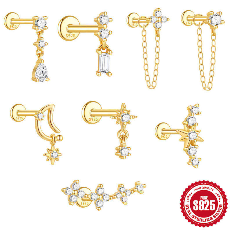 S925 Sterling Silver Geometric Tassel with Diamond Flat Head Threaded Piercing Ear Bone Stud European and American Hot Selling Personality Versatile Ear Jewelry