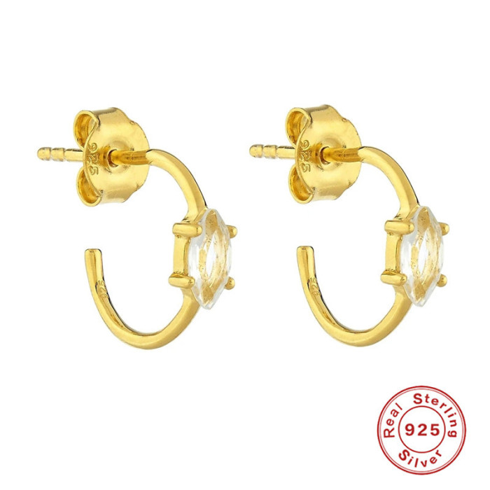 S925 Sterling Silver C-shaped Water Drop Diamond-studded Earrings Ear Studs Japanese and Korean Personality Temperament Light Luxury Ear Studs European and American INS Ear Jewelry