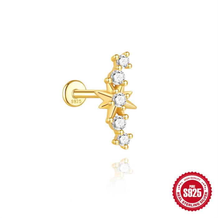 S925 Sterling Silver Geometric Tassel with Diamond Flat Head Threaded Piercing Ear Bone Stud European and American Hot Selling Personality Versatile Ear Jewelry