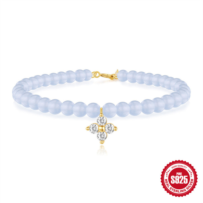 New 925 Sterling Silver Aquamarine Chalcedony Handmade Beaded Bracelet European and American French Style Inlaid with Diamonds DIY Accessories Christmas Jewelry