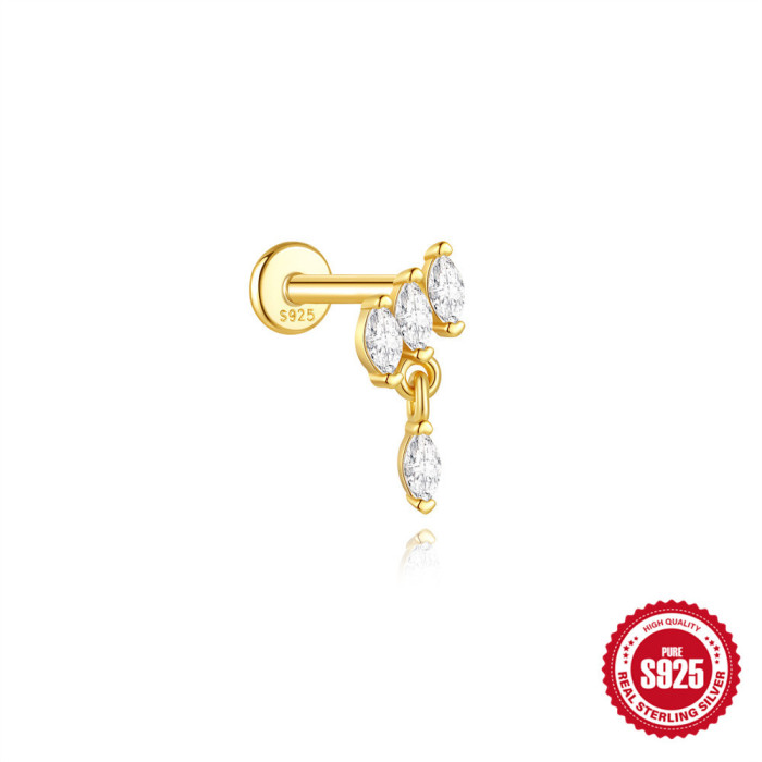 S925 Sterling Silver Horse Eye Geometric Inlaid Diamond Opal Flat Head Threaded Piercing Ear Bone Stud AliExpress Hot Sale Light Luxury Earrings