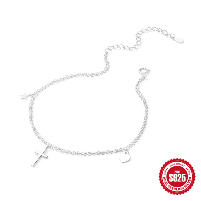 S925 Sterling Silver Double Layer Adjustable Heart-shaped Pentagram Cross Pendant Combination Versatile Anklet Internet Celebrity Same Style Foot Jewelry