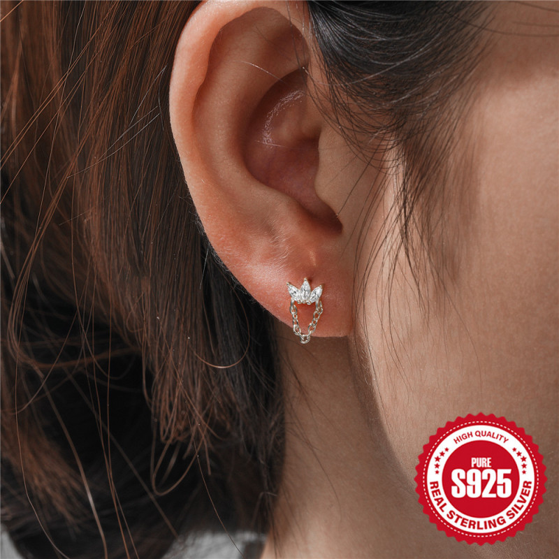 925 Sterling Silver Three Diamond-Encrusted Marquise Tassel Stud Earrings European and American Hot-Selling Classic INS Minimalist Chain Earrings