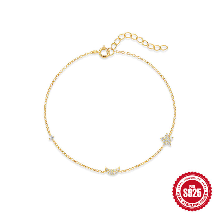 S925 Sterling Silver Five-Pointed Star Moon Inlaid Diamond Light Luxury Personality Bracelet European and American Hot-Selling Elegant Versatile Ins Hand Jewelry