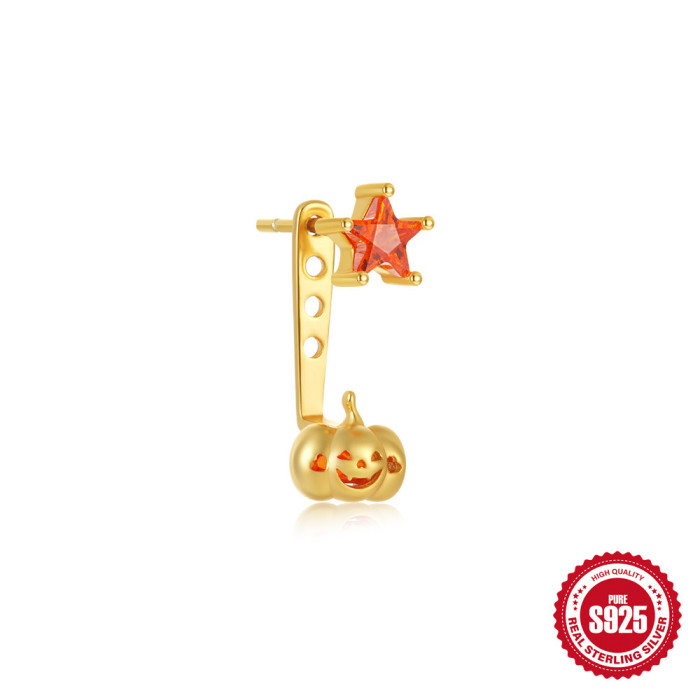 S925 Sterling Silver Halloween Accessories Pumpkin Little Devil Earrings Stud Earrings Hot Selling Orange Red Zircon...