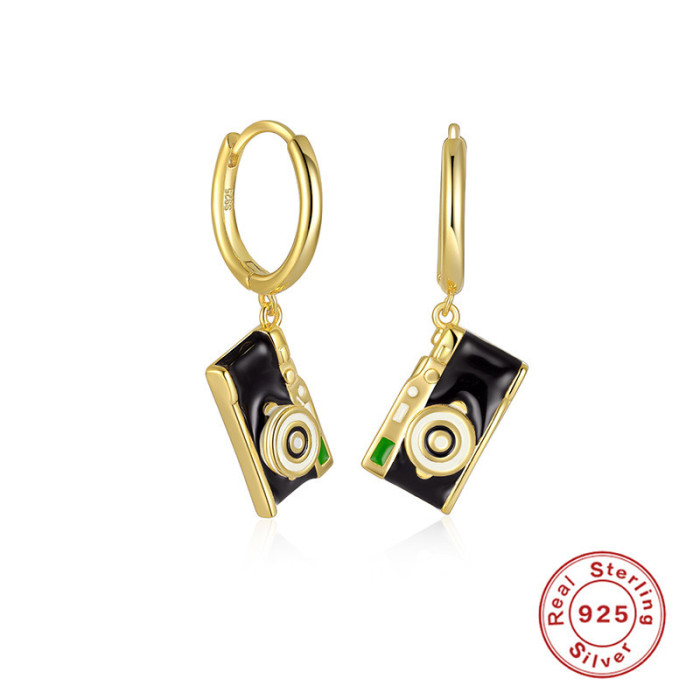 S925 Sterling Silver Creative Camera Instrument Bottle Earrings Hoop Earrings European and American French Style Enamel Oil Drop Earrings