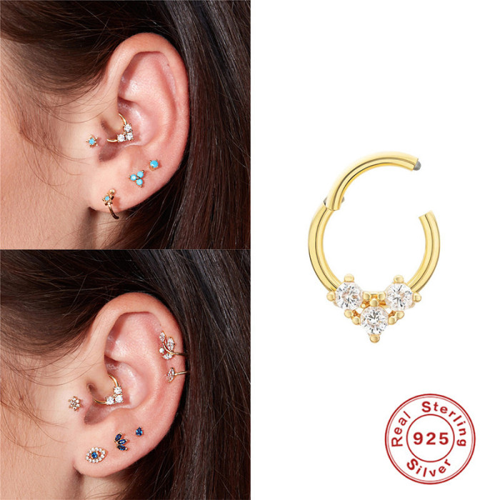 S925 Sterling Silver Triangle Inlaid Diamond Soft Bone Piercing Hoop Earrings Ear Cuff Cross-Border Hot Selling INS Style Nose Ring Ear Bone Stud Jewelry