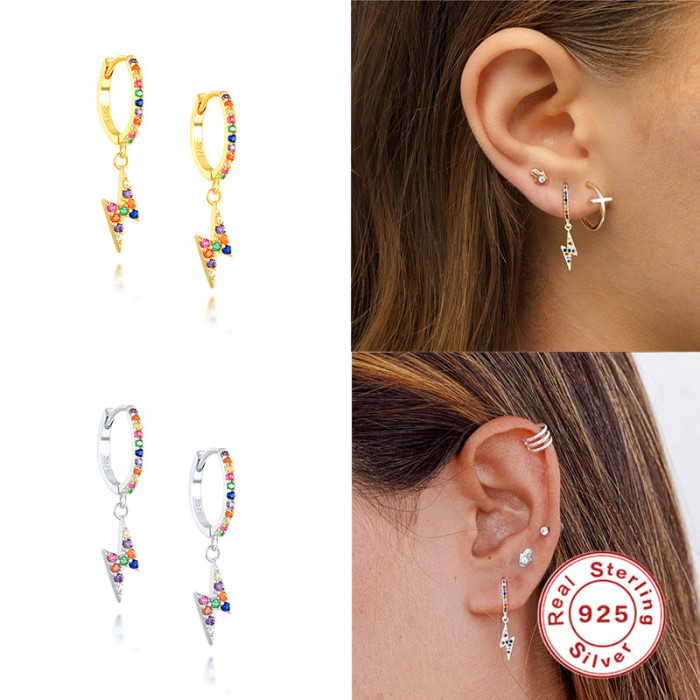 Amazon Hot-Selling S925 Sterling Silver Colorful Diamond Lightning Earrings European and American Cross-Border Personality Versatile Stud Earrings Ear Clips Ear Jewelry for Women