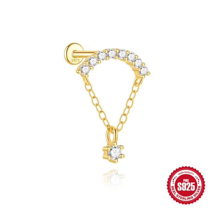 S925 Sterling Silver Classic Tassel Chain Inlaid Diamond Flat Head Thread Piercing Ear Bone Stud European and American Hot-Selling Small Gold Bead Earrings