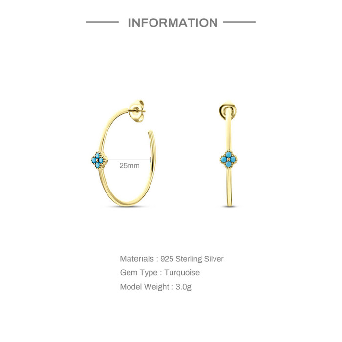 S925 Sterling Silver Petal Inlaid Diamond Turquoise Earrings Hoop Hot-Selling Classic Personality C-Shaped Stud Earri...