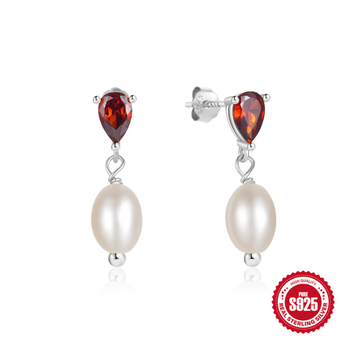 In Stock S925 Sterling Silver Ruby Pearl Earrings Studs Earrings European and American Hot Selling French Style Light Luxury Elegant Earrings