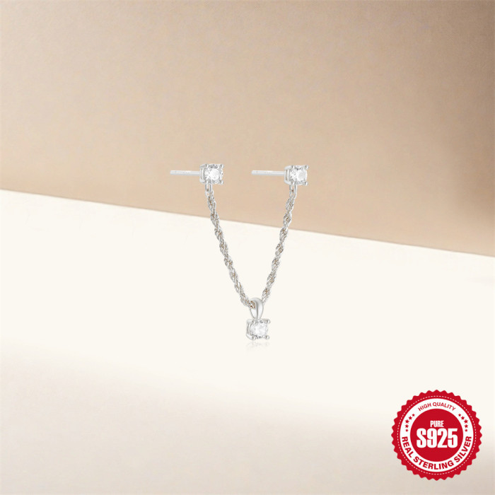 S925 Sterling Silver Round Zircon Tassel Versatile Stud Earrings European and American Hot Selling Light Luxury Inlaid Diamond Chain Ear Thread Earrings