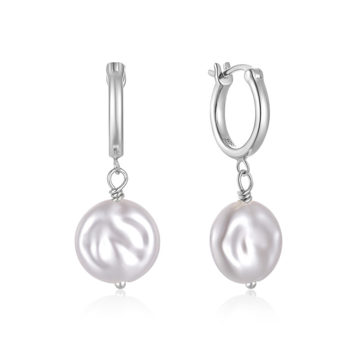 S925 Sterling Silver Baroque Irregular Pearl Earrings Hoop European and American Fashion Classic Ins Style Pearl Ear Clips Ear Jewelry