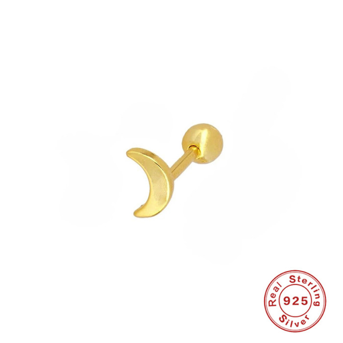 S925 Sterling Silver Smooth Surface Star Moon Body Piercing Spiral Pattern Earrings Korean and Japanese Style Personality Creative Internet Celebrity Piercing Ear Bone Studs