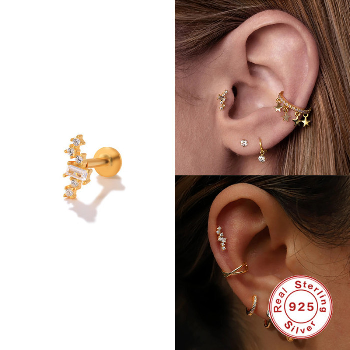 S925 Sterling Silver INS Simple Geometric Diamond-Studded Ear Cuff Earrings European and American Style Personality Flat Head Threaded Piercing Cartilage Stud Earrings