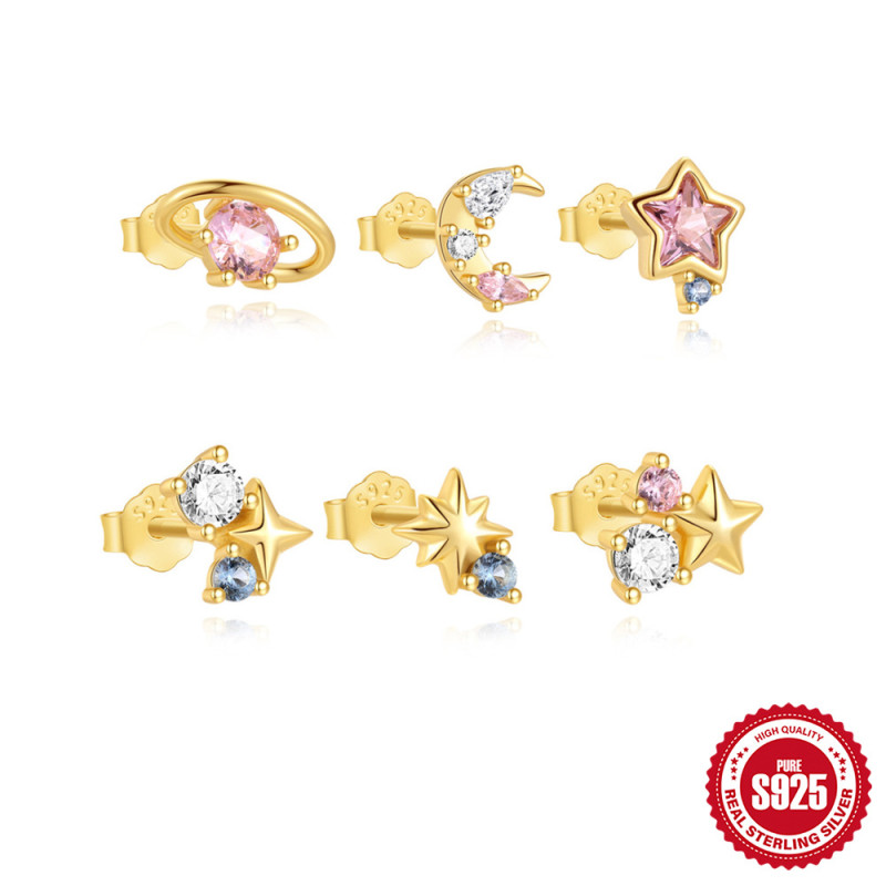 New 925 Sterling Silver Starry Sky Colorful Diamond Earrings Set European and American Cross-Border Hot Selling Diamond-Studded Light Luxury INS Style Earrings