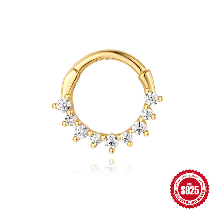 S925 Sterling Silver Diamond-Studded Piercing Cartilage Hoop Earrings Korean Style Flower-Shaped Light Luxury Round Personality Trendy Earrings Jewelry for Women