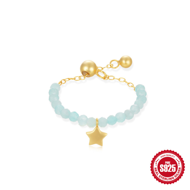New S925 Sterling Silver Lucky Stone Star Pendant Adjustable Ring European and American French Style Amazonite Elegant Index Finger Ring