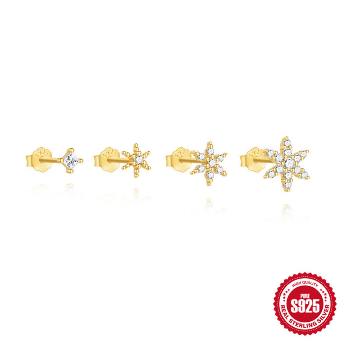 S925 Sterling Silver Bowknot Hexagram Stone-Inlaid Simple Layered Earrings Set Hot-Selling Jewelry, Jewelry Sets