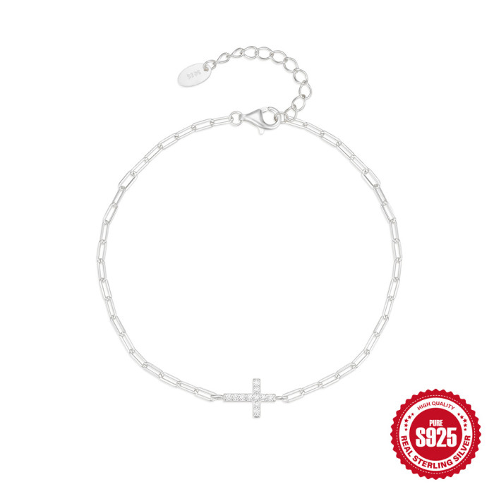 New S925 Sterling Silver Paperclip Zircon Cross Bracelet Korean Style Hot-Selling Niche Design Inlaid Diamond Light Luxury Jewelry