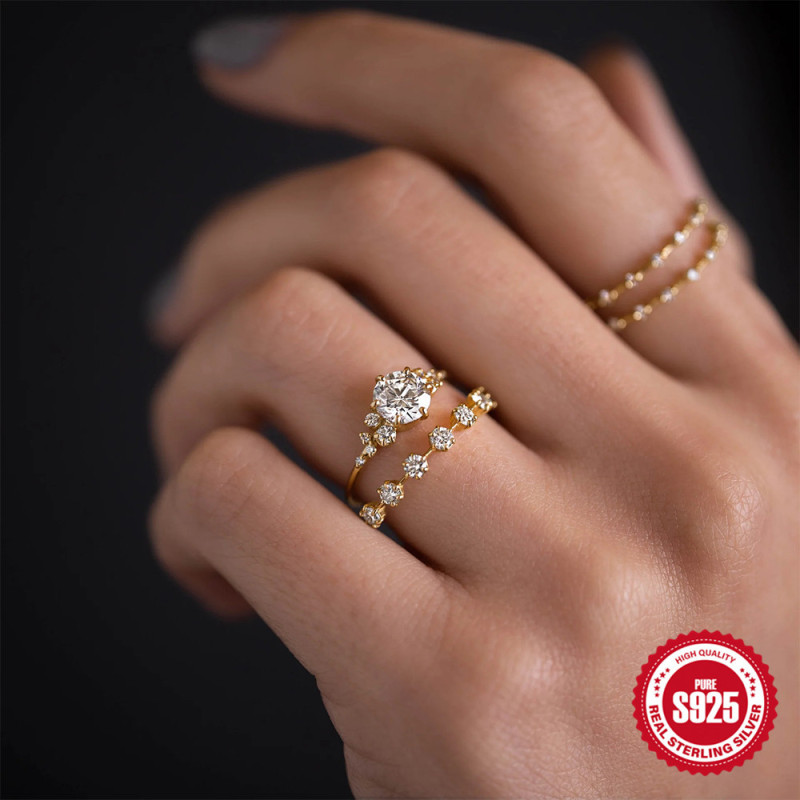 925 Sterling Silver Single Row Six-Prong Diamond Super Sparkling Wedding Ring European and American French Style INS High-End Index Finger Ring