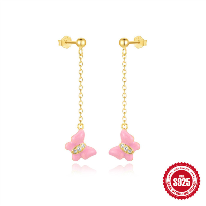 S925 Sterling Silver Tassel Oil Drop Butterfly Inlaid Diamond Light Luxury High-end Earrings Korean Version Niche Design Stud Earrings for Women