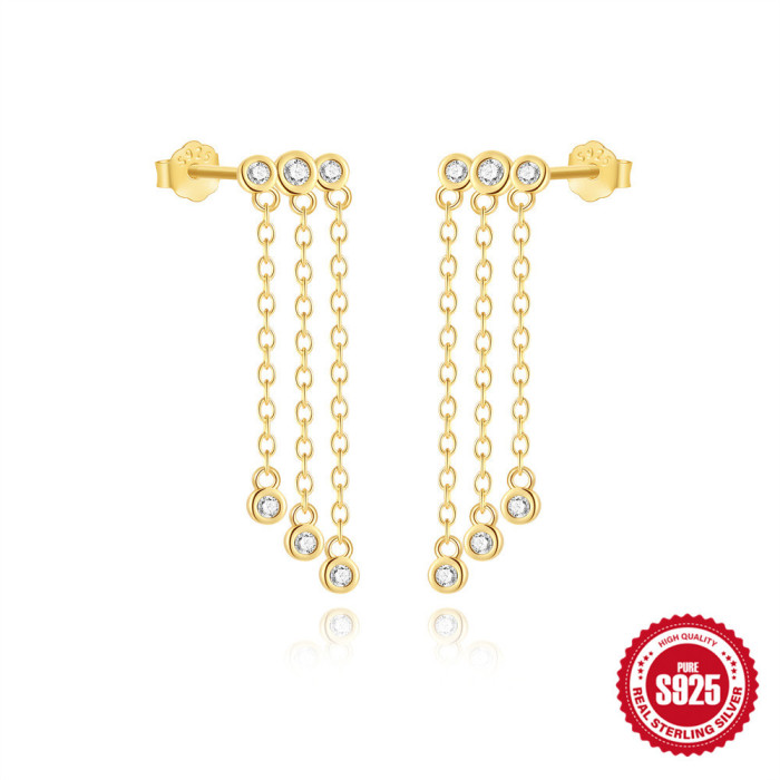 S925 Sterling Silver Tassel Chain Inlaid Diamond Heart Zircon Earrings Korean Style Light Luxury Unique Niche High-end Ear Jewelry