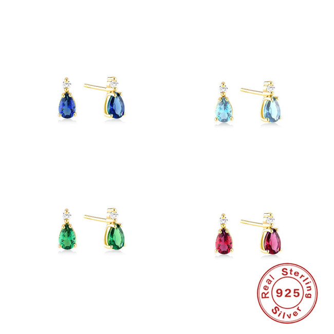 S925 Sterling Silver Colorful Inlaid Diamond Water Drop Earrings Fashionable Simple Earrings Zircon Accessories