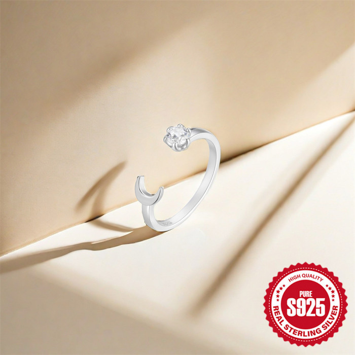 New S925 Sterling Silver Versatile Inlaid Diamond Star Moon Open Ring Korean and Japanese Niche Design Index Finger Ring