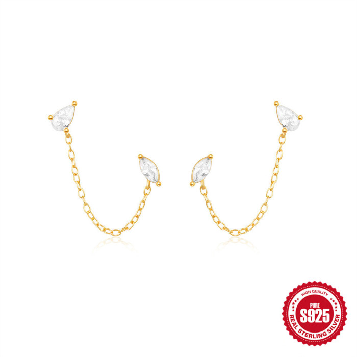 S925 Sterling Silver Tassel Inlaid Diamond Petal Versatile Chain Earrings Ear Thread European and American Cross-Border Hot Selling Water Drop Horse Eye Earrings