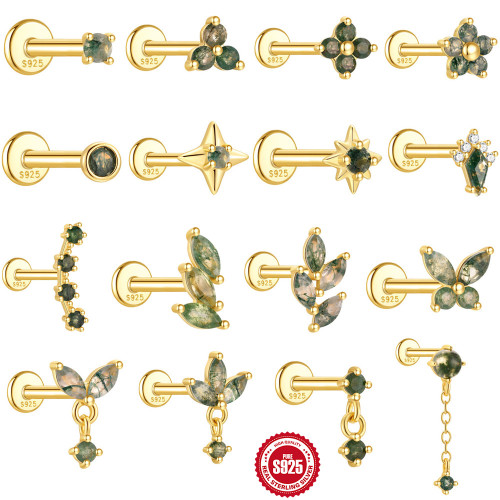 New S925 Sterling Silver Geometric Inlaid Diamond Natural Moss Agate Flat Head Threaded Piercing Ear Bone Stud European and American Hot-Selling Model