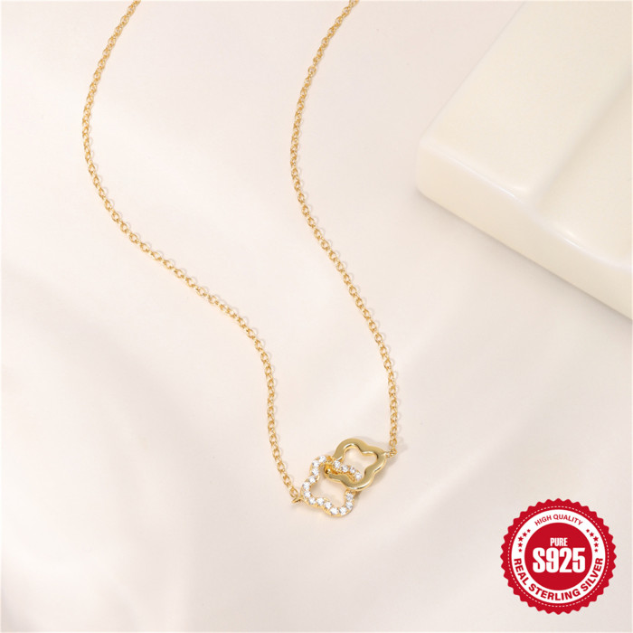 S925 Sterling Silver Smooth Surface Stone-Encrusted Four-Leaf Clover Cross Pendant Collarbone Chain Korean Version...