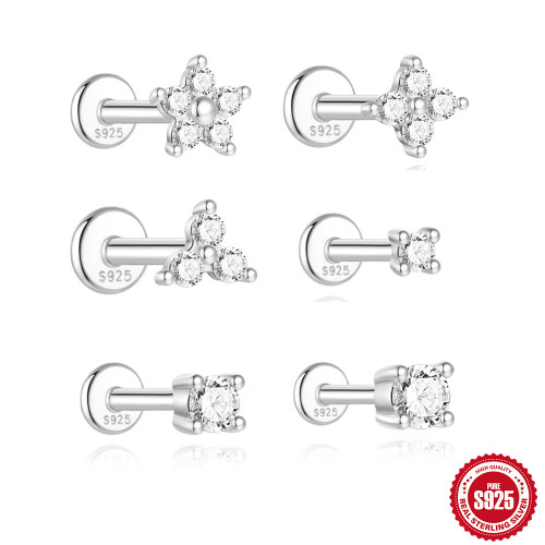 New S925 Sterling Silver Four-Prong Moissanite Flat Head Threaded Piercing Cartilage Earrings European and American Hot-Selling Light Luxury Ear Bone Studs