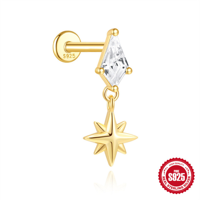 S925 Sterling Silver Geometric Diamond-Studded Stud Flat Head Threaded Piercing Ear Bone Stud European and American Classic Hot-Selling Piercing Ear Jewelry