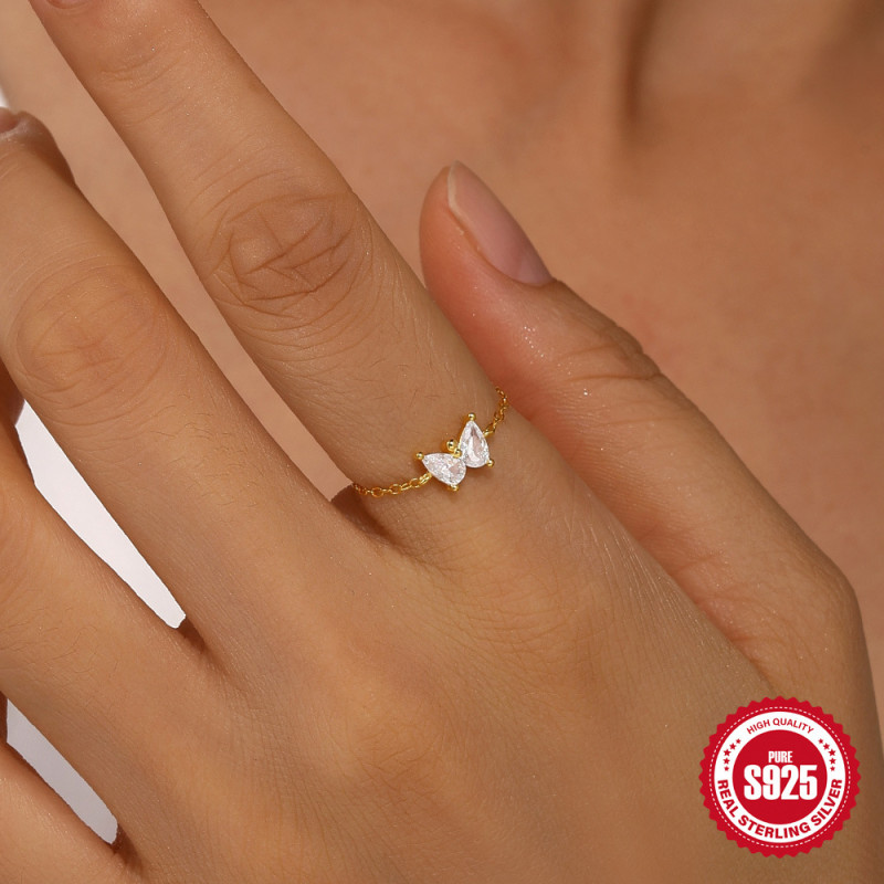 S925 Sterling Silver Water Drop Inlaid Diamond Super Shiny Butterfly Chain Ring Hot Sale Five-Pointed Star Adjustable Index Finger Ring