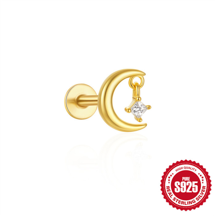 S925 Sterling Silver Tassel Cartilage Horse Eye Zircon Piercing Stud Earrings European and American Hot Selling Moon Temperament Ear Bone Stud for Women